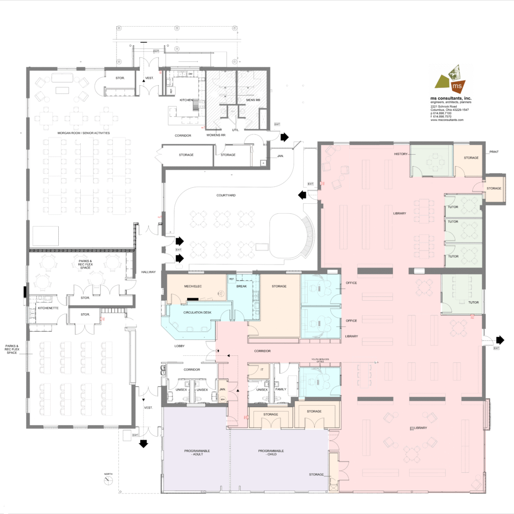 architect's floor plan of the future south fayette activity center; library areas in color