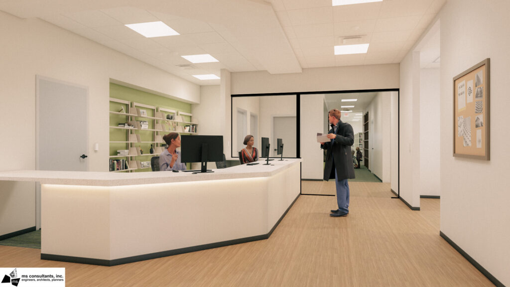 architect's rendering of the future library reception area and circulation desk